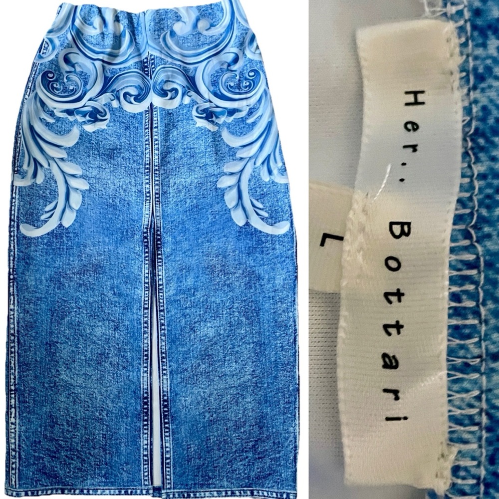 HER BOTTARI Trompe L’oeil Stretch DENIM LOOK Baroque Print MIDI SKIRT Size Large